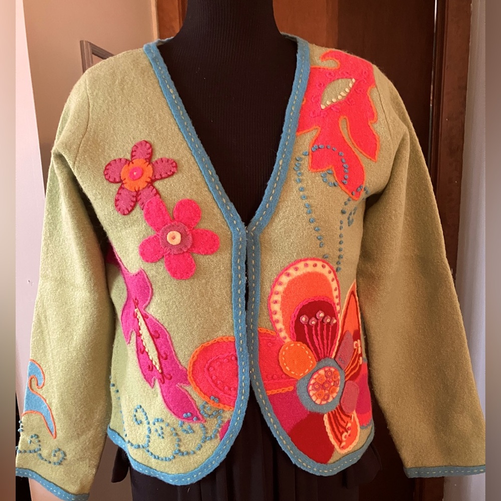 Susan Bristol Colorful Floral Vintage Jacket Size Medium Green Pink Turquoise